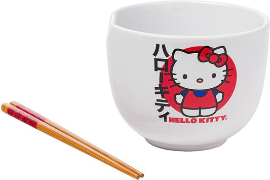 Hello Kitty Japan Logo Boxed Ceramic Ramen Bowl with Chopsticks 20 oz.