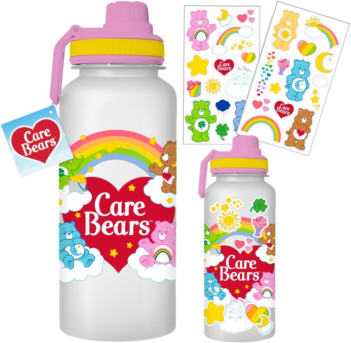 Care Bears Rainbow Heart Logo Twist Spout 32oz Plastic Bottle With Sticker Set