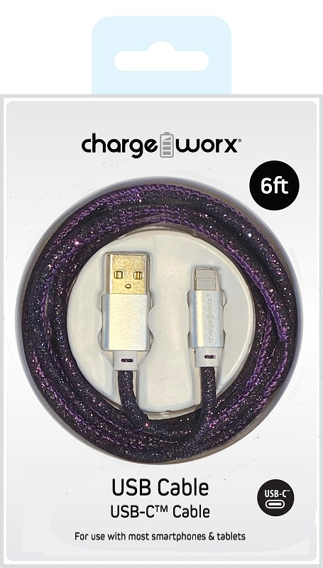 Charge Worx 6ft USB-C Purple Sparkle