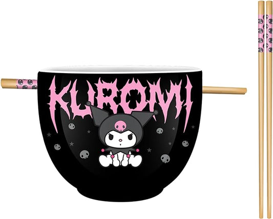 Silver Buffalo Sanrio Kuromi Metal Logo Ceramic Ramen Bowl with Chopsticks