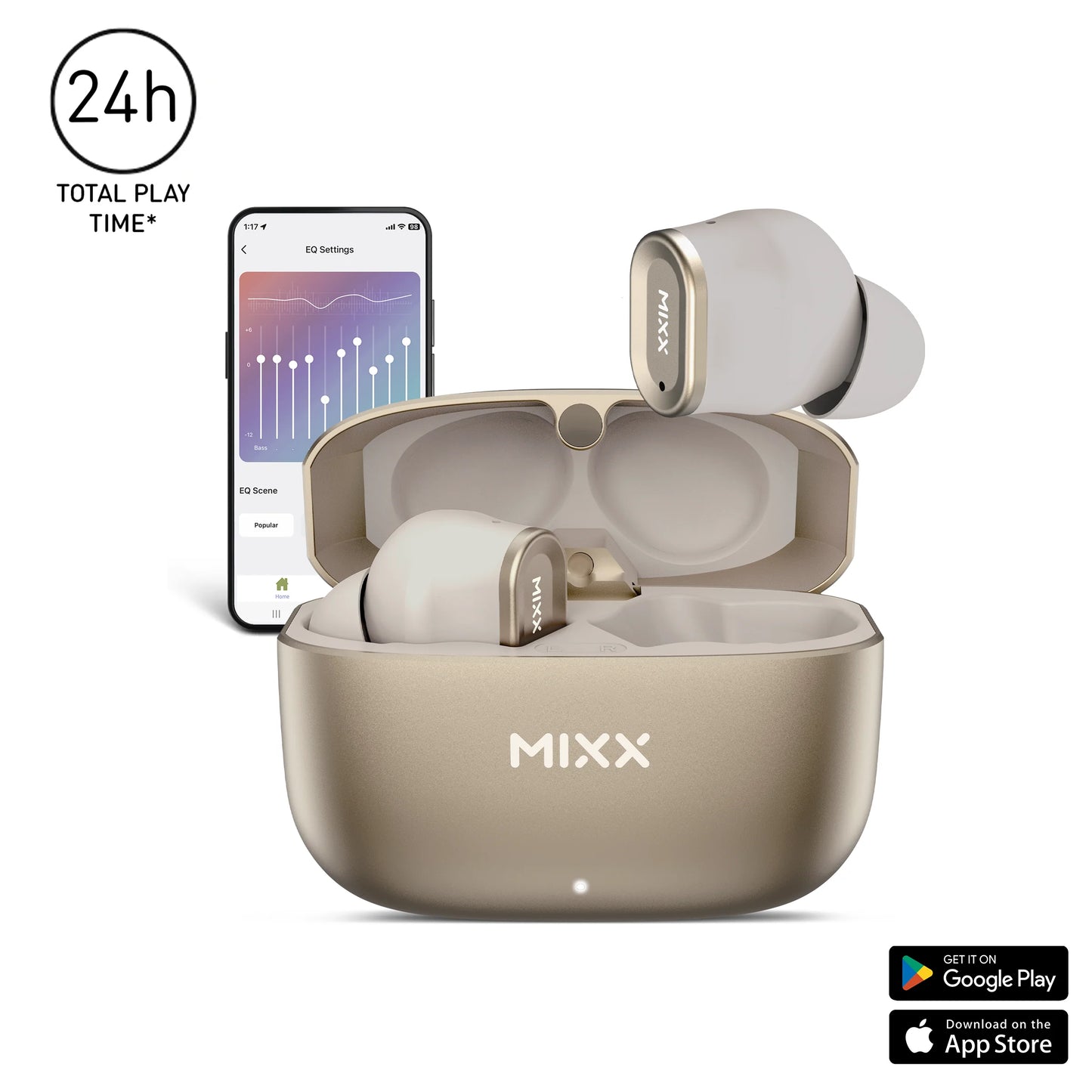 Mixx StreamBuds Custom 1 - True Wireless Earbuds with Charging Case - Unique Capsule Design Bluetooth Earbuds (Champagne Gold)