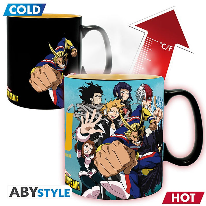 A black heat changing mug with My Hero Academia characters on it shown before and after pouring hot liquid into it