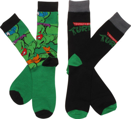Ninja Turtles Faces Logo 2 Pair Crew Socks Set in Green