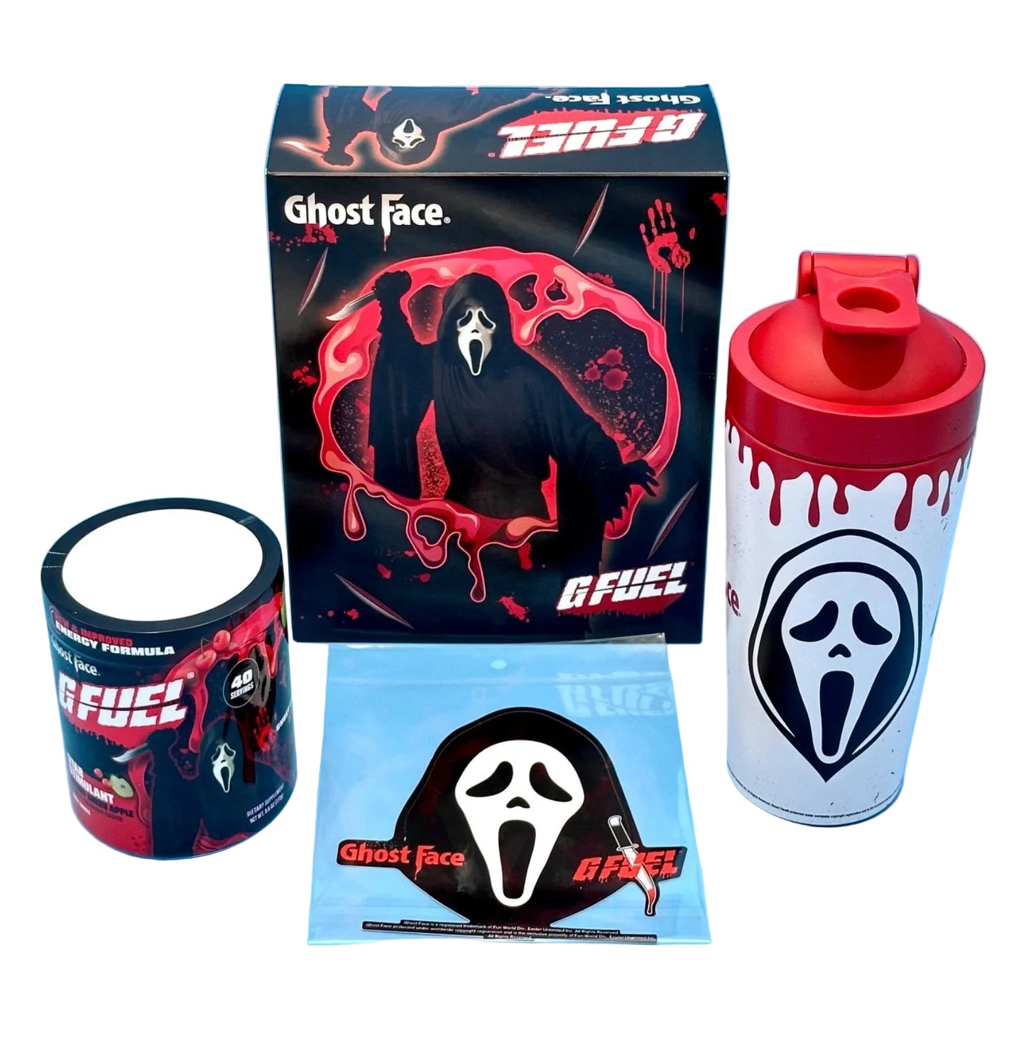 A Ghost Face G Fuel merchandise set on a blue gradient background, including a black and red G Fuel can, a white and red G Fuel shaker bottle with the Ghost Face logo, the product box, and a Ghost Face face mask on a clear backing card.