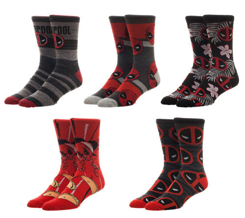 Deadpool Logos 5 Pair Casual Crew Socks Set in Black