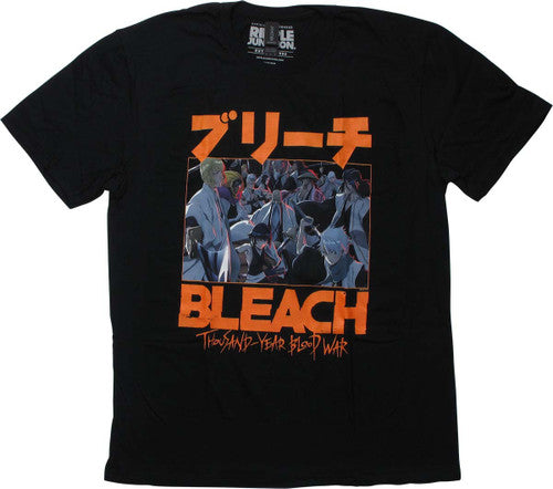 A black shirt with orange text and an anime graphic