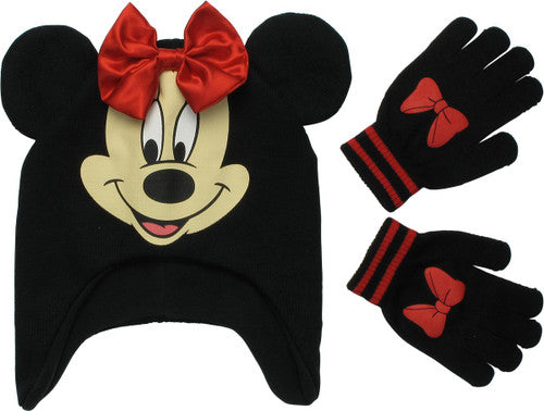 Minnie Mouse Face Peruvian Youth Beanie Hat Gloves Set in Red